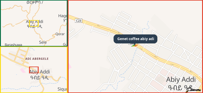 Map showing the address of Genet coffee abiy adi in three different zoom levels.