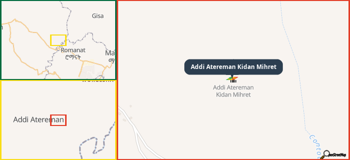 Map showing the address of Addi Atereman Kidan Mihret in three different zoom levels.