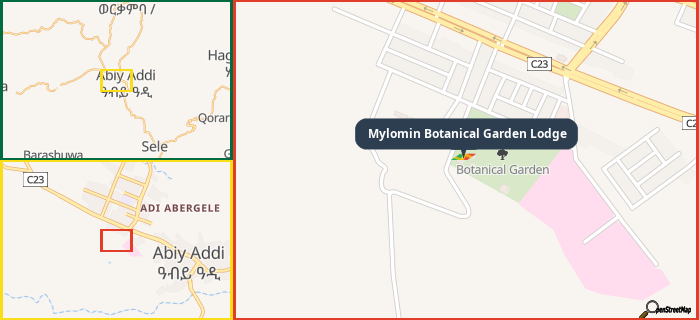 Map showing the address of Mylomin Botanical Garden Lodge in three different zoom levels.