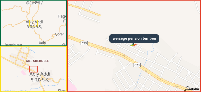 Map showing the address of wersege pension temben in three different zoom levels.