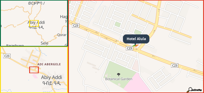 Map showing the address of Hotel Alula in three different zoom levels.