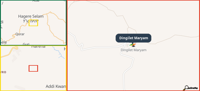 Map showing the address of Dingilet Maryam in three different zoom levels.