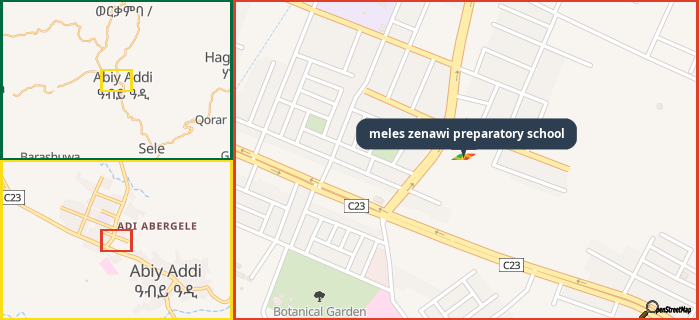 Map showing the address of meles zenawi preparatory school in three different zoom levels.