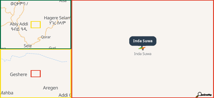 Map showing the address of Inda Suwa in three different zoom levels.