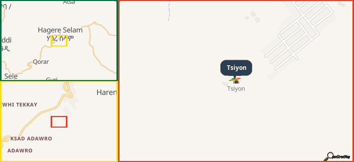 Map showing the address of Tsiyon in three different zoom levels.