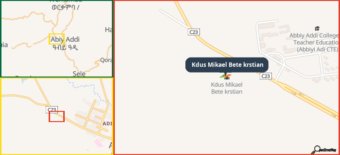 Map showing the address of Kdus Mikael Bete krstian in three different zoom levels.