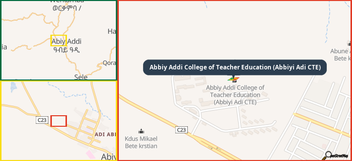 Map showing the address of Abbiy Addi College of Teacher Education (Abbiyi Adi CTE) in three different zoom levels.
