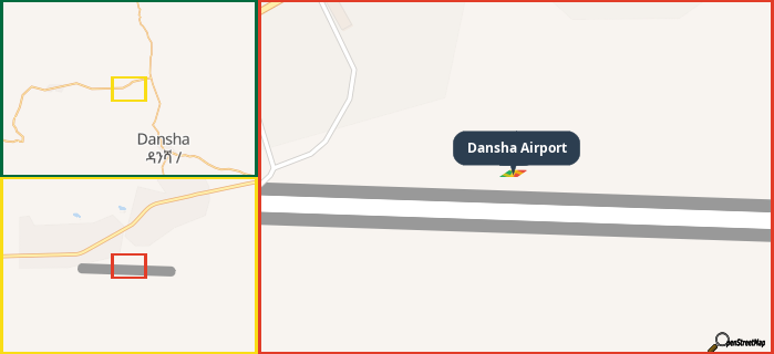 Map showing the address of Dansha Airport in three different zoom levels.
