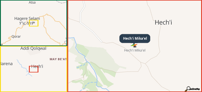Map showing the address of Hech'i Mika'el in three different zoom levels.