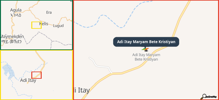Map showing the address of Adi Itay Maryam Bete Kristiyan in three different zoom levels.