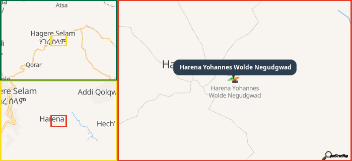 Map showing the address of Harena Yohannes Wolde Negudgwad in three different zoom levels.