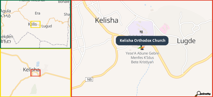 Map showing the address of Kelisha Orthodox Church in three different zoom levels.