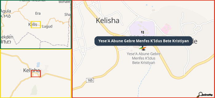 Map showing the address of Yese'A Abune Gebre Menfes K'Idus Bete Kristiyan in three different zoom levels.