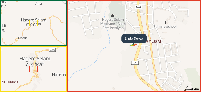 Map showing the address of Inda Suwa in three different zoom levels.