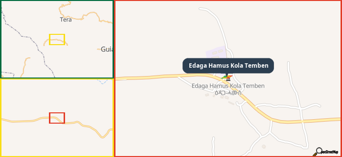 Map showing the address of Edaga Hamus Kola Temben in three different zoom levels.