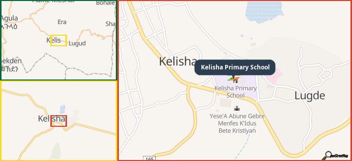 Map showing the address of Kelisha Primary School in three different zoom levels.