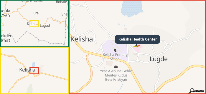 Map showing the address of Kelisha Health Center in three different zoom levels.