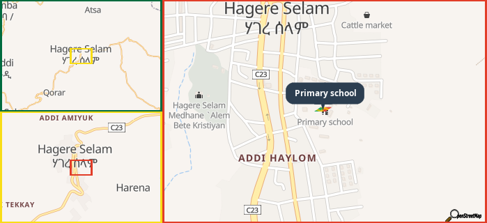 Map showing the address of Primary school in three different zoom levels.
