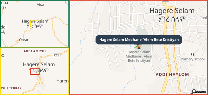 Map showing the address of Hagere Selam Medhane `Alem Bete Kristiyan in three different zoom levels.