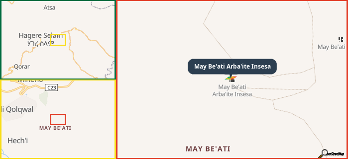 Map showing the address of May Be'ati Arba'ite Insesa in three different zoom levels.