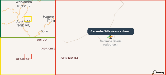 Map showing the address of Geramba Sillasie rock church in three different zoom levels.