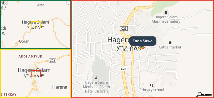 Map showing the address of Inda Suwa in three different zoom levels.