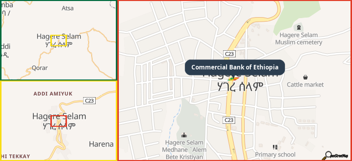 Map showing the address of Commercial Bank of Ethiopia in three different zoom levels.