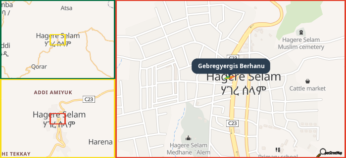 Map showing the address of Gebregyergis Berhanu in three different zoom levels.