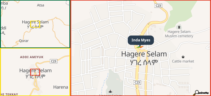 Map showing the address of Inda Myes in three different zoom levels.