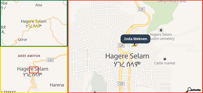 Map showing the address of Inda Meknen in three different zoom levels.