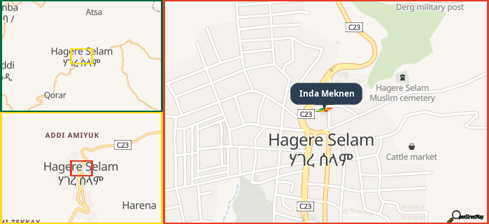 Map showing the address of Inda Meknen in three different zoom levels.