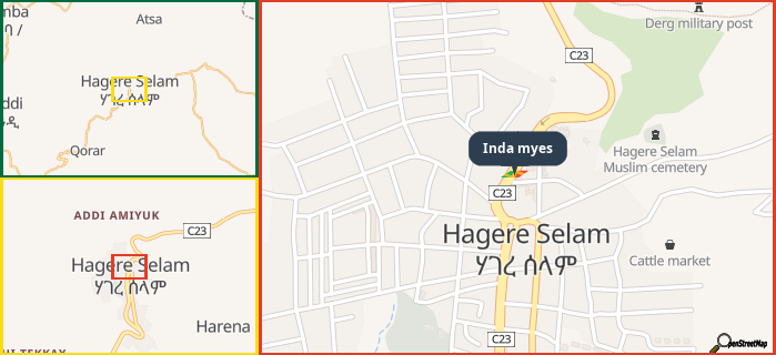 Map showing the address of Inda myes in three different zoom levels.
