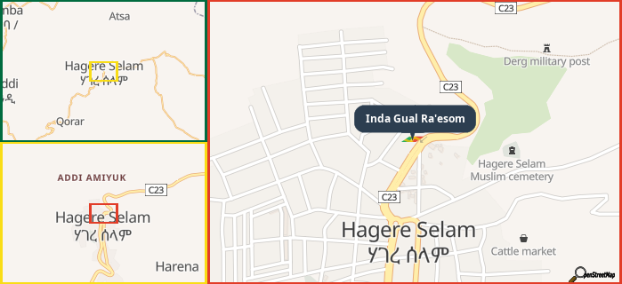 Map showing the address of Inda Gual Ra'esom in three different zoom levels.