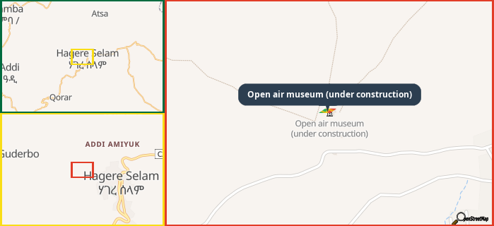 Map showing the address of Open air museum (under construction) in three different zoom levels.