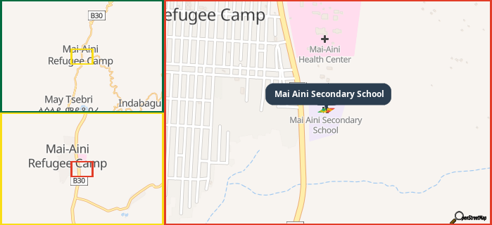 Map showing the address of Mai Aini Secondary School in three different zoom levels.