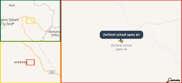 Map showing the address of Zerfenti school open air in three different zoom levels.