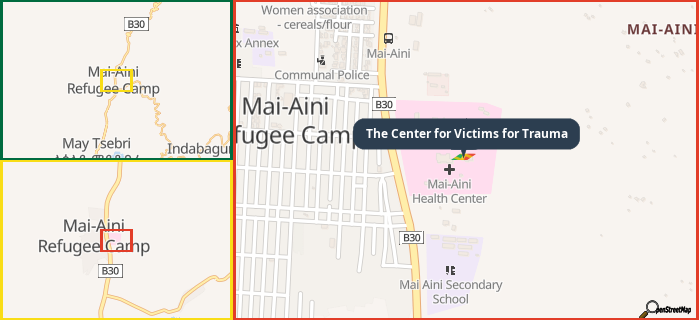 Map showing the address of The Center for Victims for Trauma in three different zoom levels.