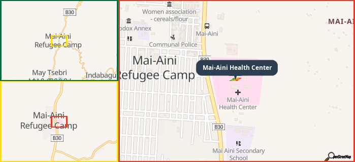 Map showing the address of Mai-Aini Health Center in three different zoom levels.