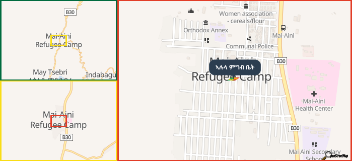 Map showing the address of ኣሉላ ምግብ ቤት in three different zoom levels.