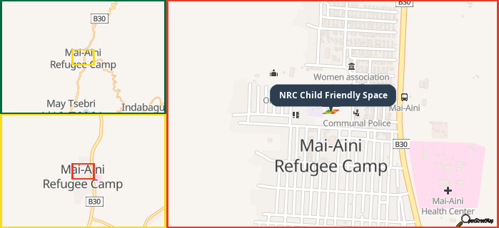 Map showing the address of NRC Child Friendly Space in three different zoom levels.