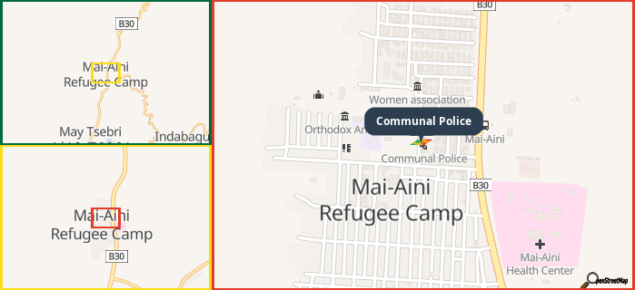 Map showing the address of Communal Police in three different zoom levels.