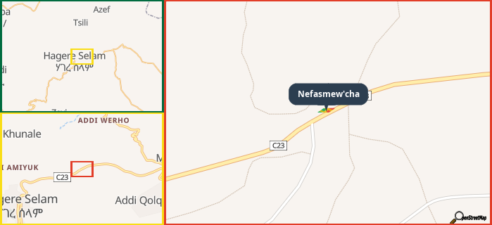 Map showing the address of Nefasmew'cha in three different zoom levels.