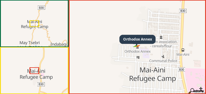 Map showing the address of Orthodox Annex in three different zoom levels.