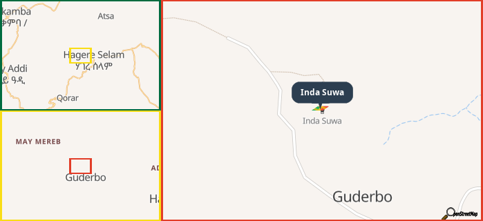 Map showing the address of Inda Suwa in three different zoom levels.