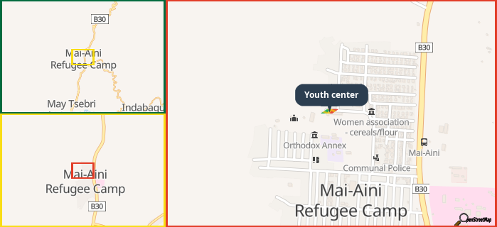 Map showing the address of Youth center in three different zoom levels.