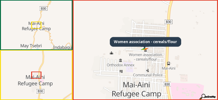 Map showing the address of Women association - cereals/flour in three different zoom levels.