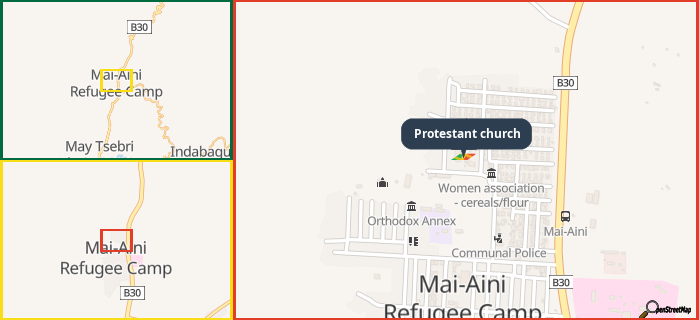 Map showing the address of Protestant church in three different zoom levels.