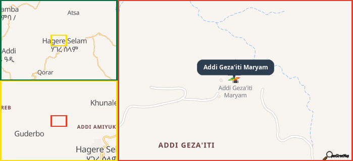 Map showing the address of Addi Geza'iti Maryam in three different zoom levels.
