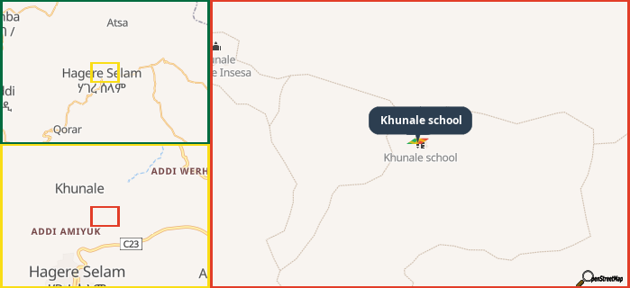Map showing the address of Khunale school in three different zoom levels.