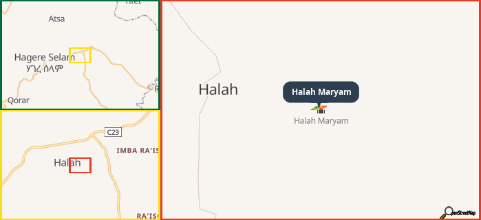 Map showing the address of Halah Maryam in three different zoom levels.